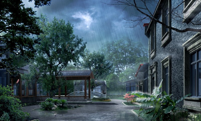 Обои дождь, фотошоп, двор, rain, photoshop, yard разрешение 1920x1200 Загрузить