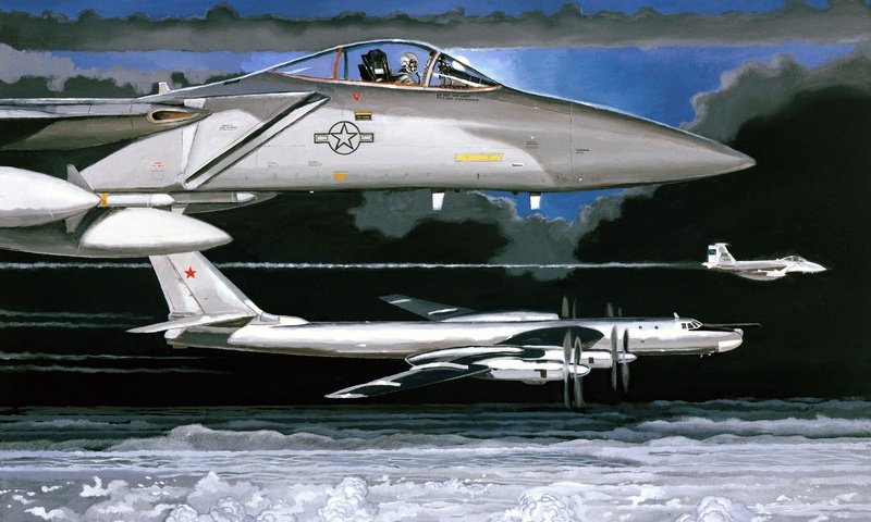 Обои рисунок, картина, масло, беркут, f-15, ту-95мс, figure, picture, oil, eagle, tu-95ms разрешение 3100x2023 Загрузить