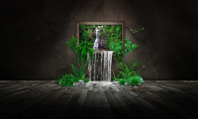 Обои природа, зелень, картина, водопад, бабочка, photomanipulation, nature, greens, picture, waterfall, butterfly разрешение 2560x1570 Загрузить