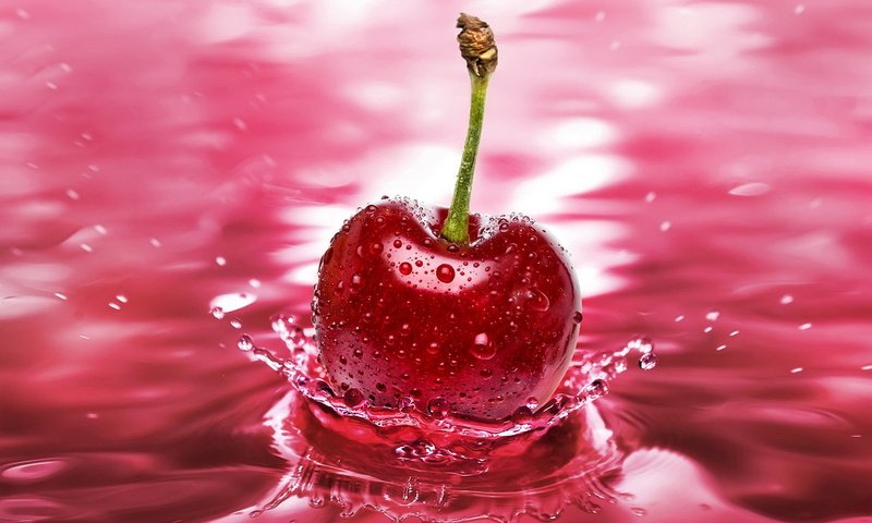 Обои вода, макро, черешня, вишня, всплеск, water, macro, cherry, splash разрешение 1920x1200 Загрузить