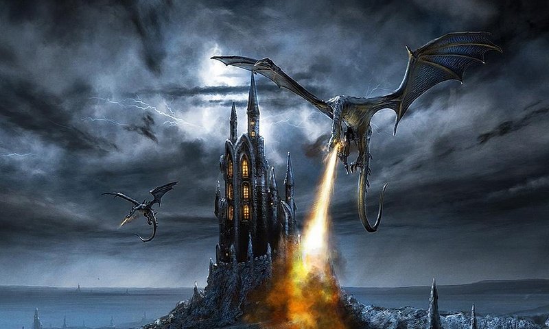 Обои замок, дракон, огонь, огнедышащий, castle, dragon, fire, fire-breathing разрешение 1920x1200 Загрузить