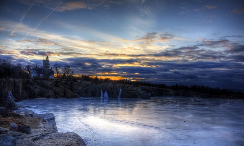 Обои небо, деревья, озеро, закат, зима, пейзаж, лёд, the sky, trees, lake, sunset, winter, landscape, ice разрешение 2560x1600 Загрузить