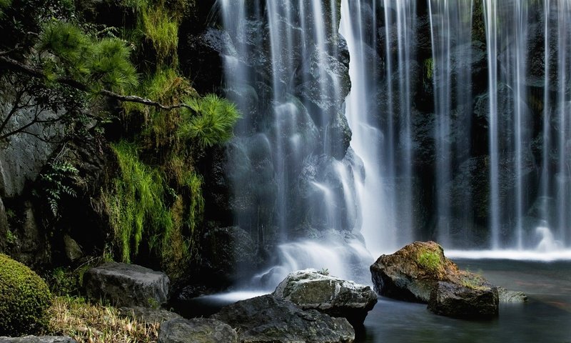 Обои камни, водопад, япония, мох, растительность, stones, waterfall, japan, moss, vegetation разрешение 1920x1200 Загрузить