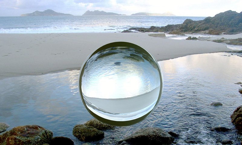 Обои пляж, сфера, шар, стеклянный, компьютерный дизайн, beach, sphere, ball, glass, computer design разрешение 1920x1080 Загрузить