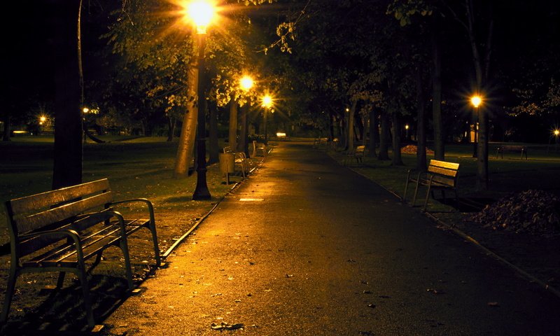 Обои ночь, фонари, парк, скамейка, аллея, night, lights, park, bench, alley разрешение 1920x1200 Загрузить