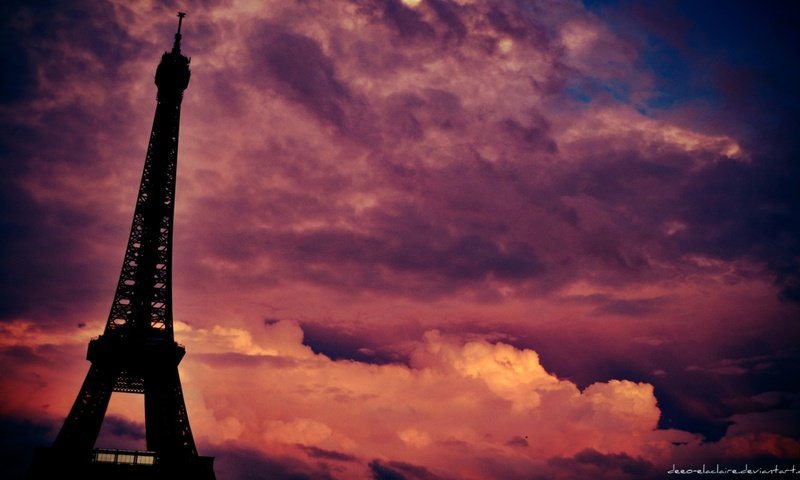 Обои облака, закат, париж, эйфелева башня, красиво, clouds, sunset, paris, eiffel tower, beautiful разрешение 1920x1080 Загрузить