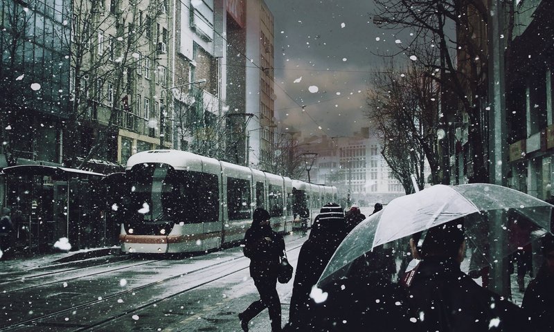 Обои снег, люди, трамвай, зонты, snow, people, tram, umbrellas разрешение 1920x1200 Загрузить