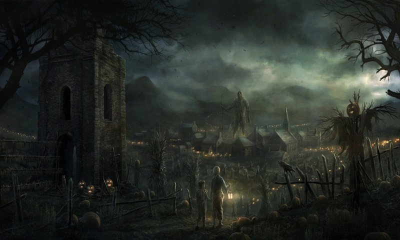 Обои встреча хэллоуина в деревне, meeting of halloween in the village разрешение 2560x1440 Загрузить