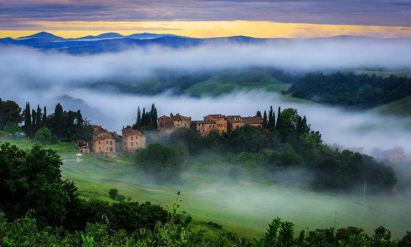 Обои восход, туман, италия, тоскана, toscana, vergelle, sunrise, fog, italy, tuscany разрешение 1920x1080 Загрузить