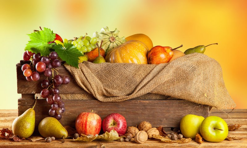 Обои орехи, груши, виноград, ящик, фрукты, мешковина, яблоки, осень, урожай, овощи, тыквы, nuts, pear, grapes, box, fruit, burlap, apples, autumn, harvest, vegetables, pumpkin разрешение 2560x1600 Загрузить