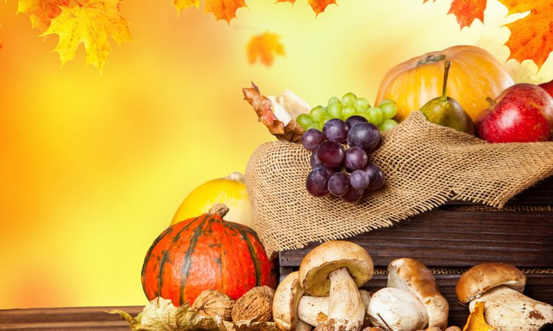 Обои тыквы, листья, виноград, фрукты, яблоки, осень, грибы, урожай, овощи, pumpkin, leaves, grapes, fruit, apples, autumn, mushrooms, harvest, vegetables разрешение 2560x1600 Загрузить