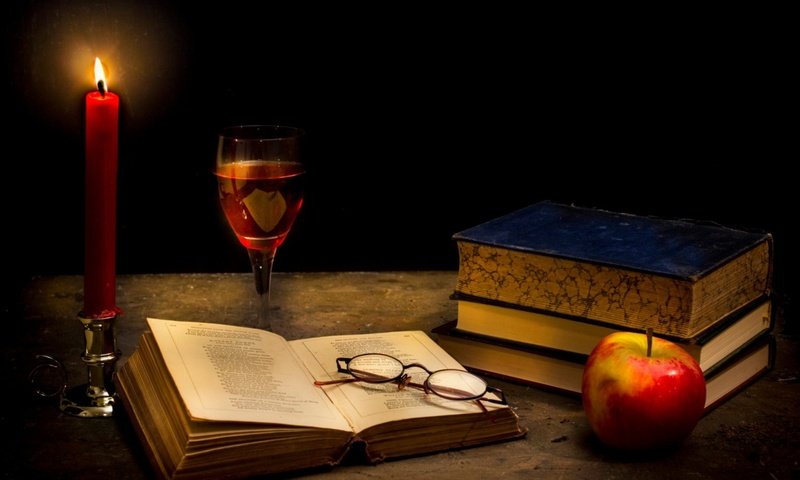 Обои очки, книги, бокал, яблоко, свеча, glasses, books, glass, apple, candle разрешение 1920x1080 Загрузить