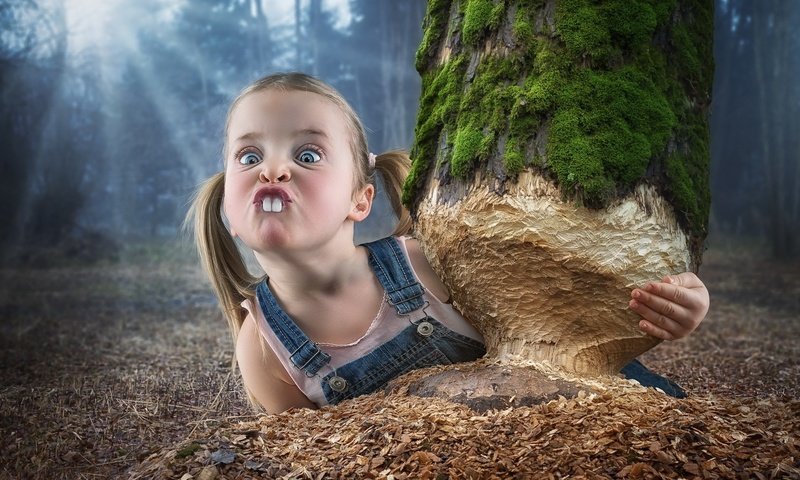 Обои дерево, девочка, зубы, стружка, бобер, косички. к, tree, girl, teeth, chips, beaver, braids. to разрешение 1920x1080 Загрузить