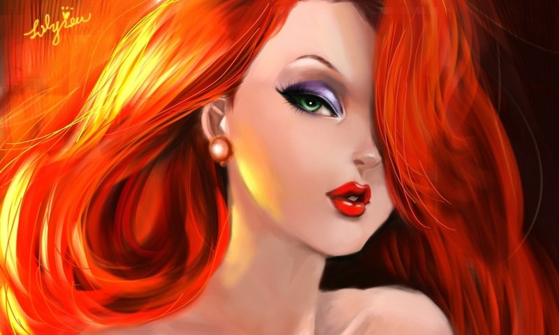 Обои арт, девушка, взгляд, зеленые глаза, макияж, jessica rabbit, рыжие волосы, art, girl, look, green eyes, makeup, red hair разрешение 2000x1672 Загрузить