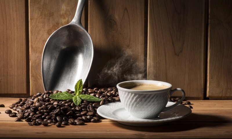 Обои мята, зерна, кофе, чашка, кофейные зерна, ложка, mint, grain, coffee, cup, coffee beans, spoon разрешение 7201x4806 Загрузить