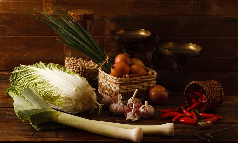 Обои лук, овощи, перец, капуста, чеснок, bow, vegetables, pepper, cabbage, garlic разрешение 2048x1365 Загрузить