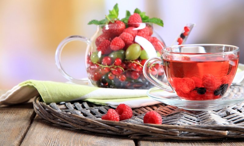 Обои виноград, напиток, малина, ягоды, чашка, чай, смородина, grapes, drink, raspberry, berries, cup, tea, currants разрешение 1920x1280 Загрузить