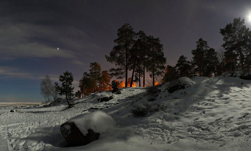 Обои небо, холм, свет,     деревья, облака, ночь, снег, природа, зима, сосны, the sky, hill, light, trees, clouds, night, snow, nature, winter, pine разрешение 1920x1200 Загрузить