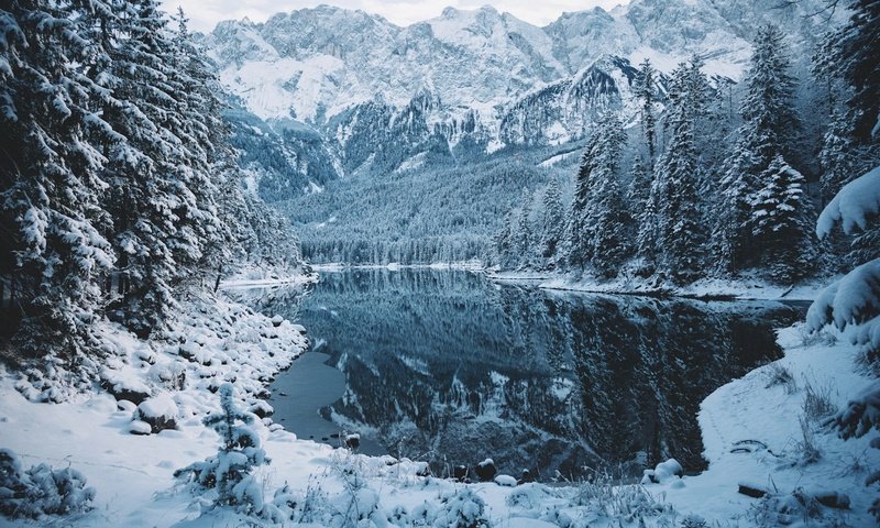 Обои озеро, горы, снег, природа, лес, зима, lake, mountains, snow, nature, forest, winter разрешение 1920x1200 Загрузить