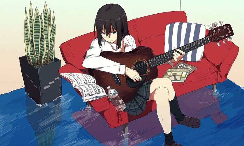 Обои вода, девушка, гитара, взгляд, аниме, волосы, лицо, диван, water, girl, guitar, look, anime, hair, face, sofa разрешение 1920x1080 Загрузить