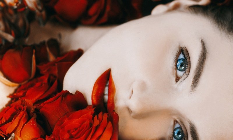 Обои цветы, голубоглазая, девушка, красные цветы, портрет, розы, взгляд, волосы, лицо, макияж, flowers, blue-eyed, girl, red flowers, portrait, roses, look, hair, face, makeup разрешение 2045x1848 Загрузить