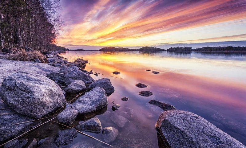 Обои озеро, камни, берег, закат, lake, stones, shore, sunset разрешение 4288x2598 Загрузить