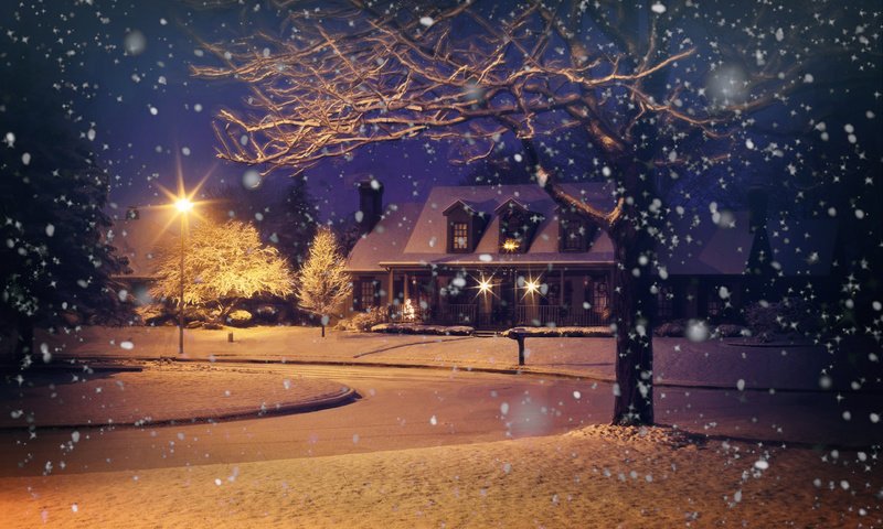 Обои деревья, вечер, снег, природа, зима, дом, фонарь, снегопад, trees, the evening, snow, nature, winter, house, lantern, snowfall разрешение 3840x2400 Загрузить