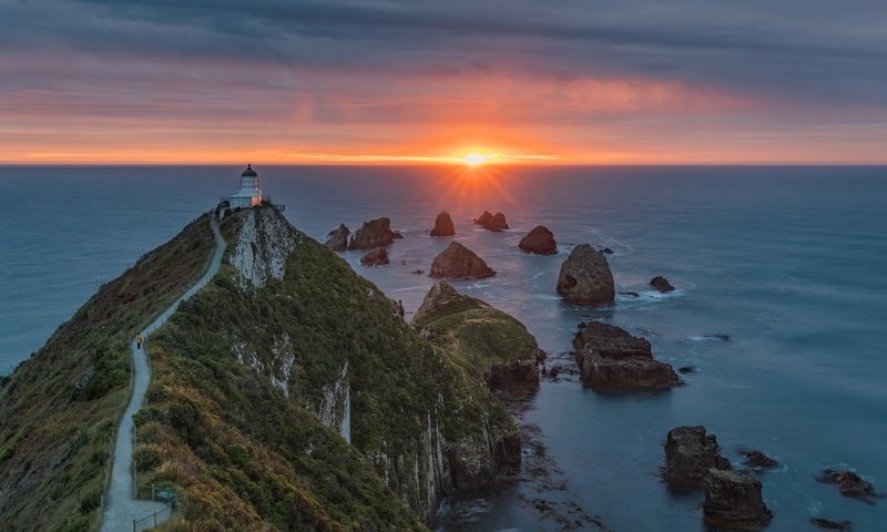 Обои скалы, закат, пейзаж, море, маяк, мыс, rocks, sunset, landscape, sea, lighthouse, cape разрешение 1920x1080 Загрузить