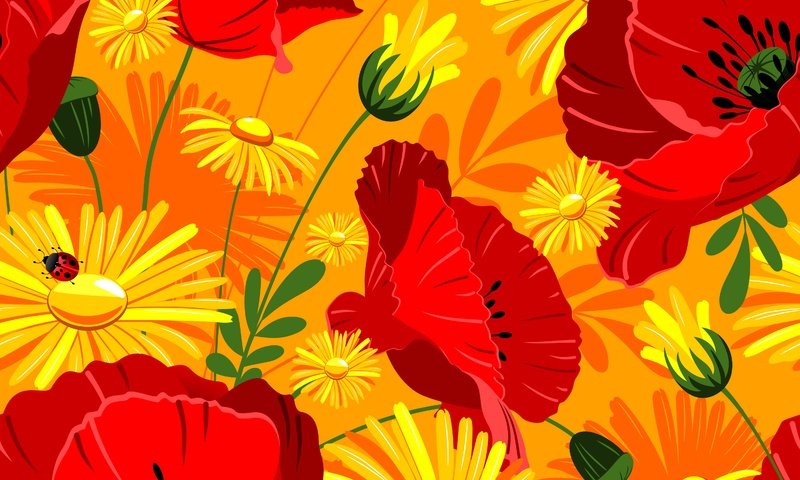 Обои цветы, маки, яркие, красных, жёлтых, и, ноготки, flowers, maki, bright, red, yellow, and, marigolds разрешение 5016x5016 Загрузить