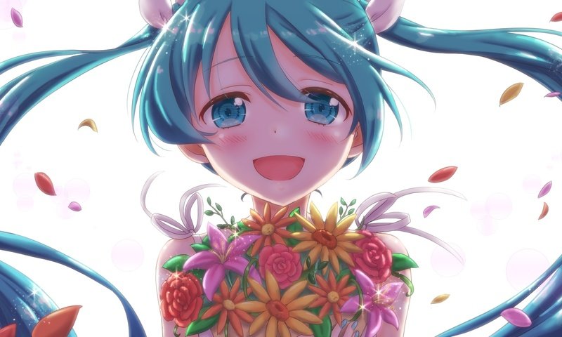 Обои лепестки, вокалоид, twintails,  цветы, улыбается, мику хацунэ, petals, vocaloid, flowers, smiling, hatsune miku разрешение 1920x1080 Загрузить