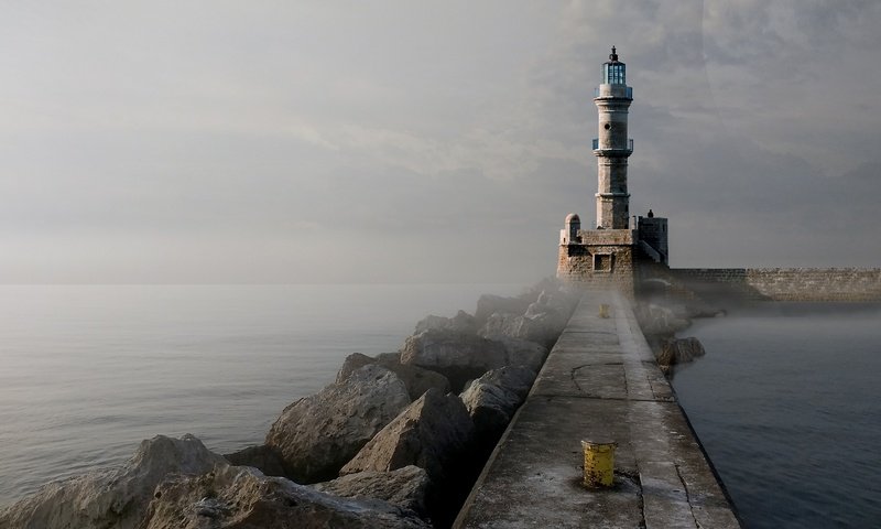 Обои камни, море, туман, маяк, гавань, маяк порт-вашингтон, волнолом, stones, sea, fog, lighthouse, harbour, lighthouse port washington, breakwater разрешение 3202x1792 Загрузить