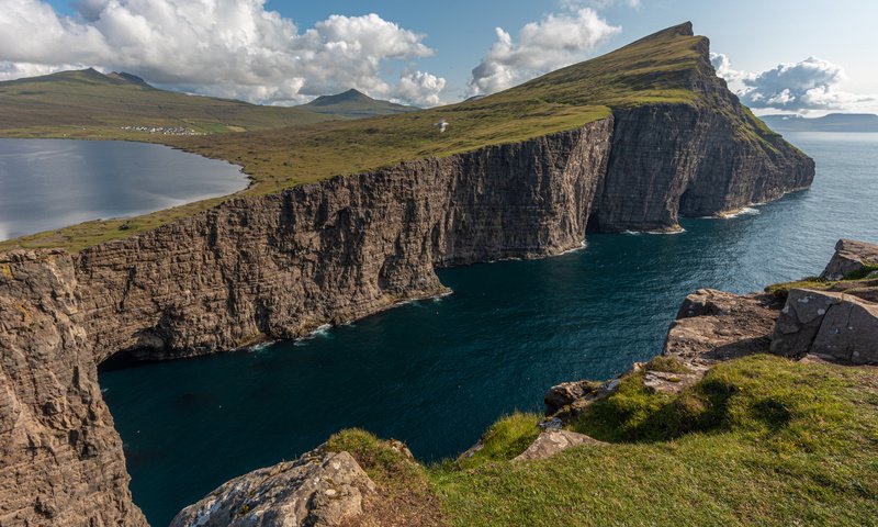 Обои озеро, природа, скала, мох, фарерские острова, дания, lake sørvágsvatn, lake, nature, rock, moss, faroe islands, denmark разрешение 5950x3972 Загрузить