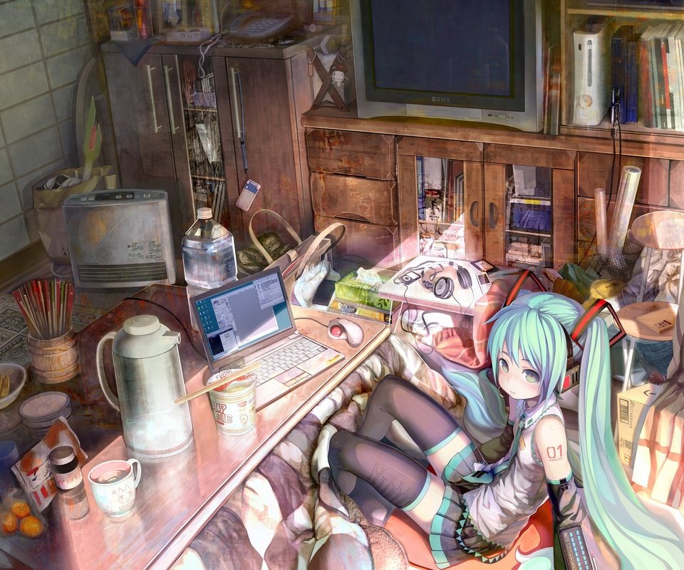 Обои вокалоид, thighhighs, shirakaba, мику хацунэ, vocaloid, hatsune miku разрешение 2000x1495 Загрузить