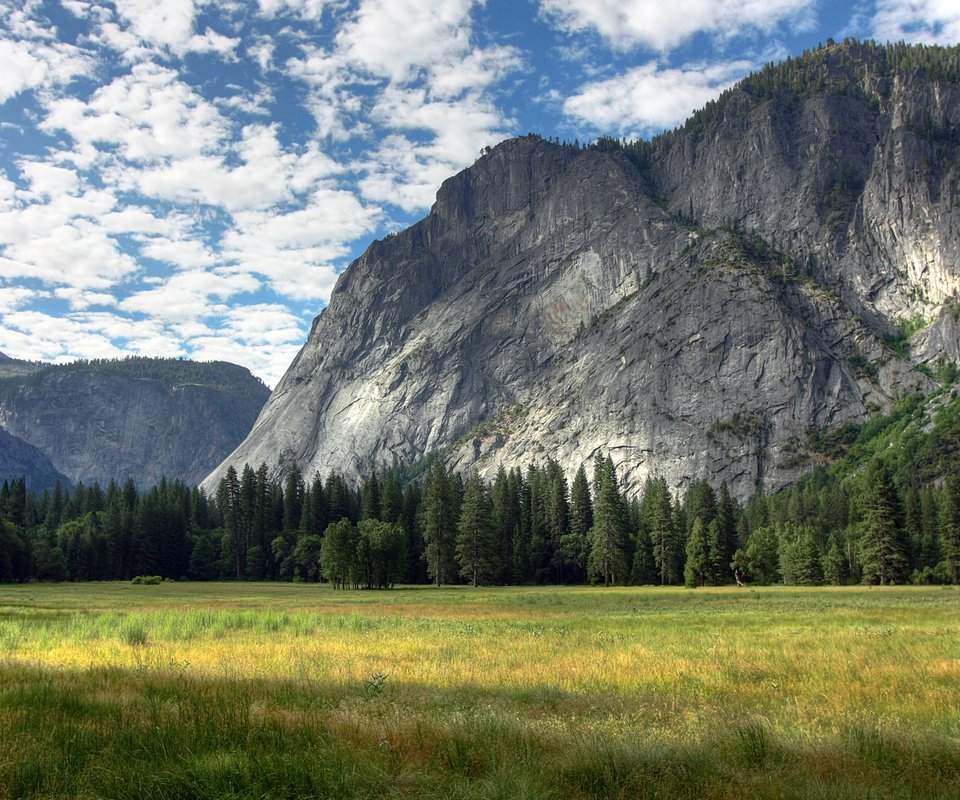 Обои облака, деревья, горы, скалы, yosemite meadows, грин, clouds, trees, mountains, rocks, green разрешение 3197x1998 Загрузить