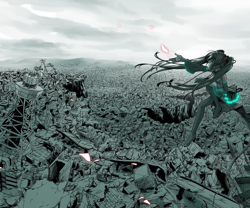 Обои город, вокалоид, катастрофа, мику хацунэ, the city, vocaloid, disaster, hatsune miku разрешение 3000x1500 Загрузить