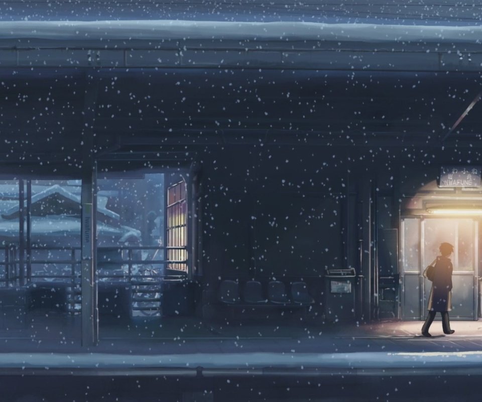 Обои снег, станция, 5 сантиметров в секунду, snow, station, 5 centimeters per second разрешение 1920x1080 Загрузить