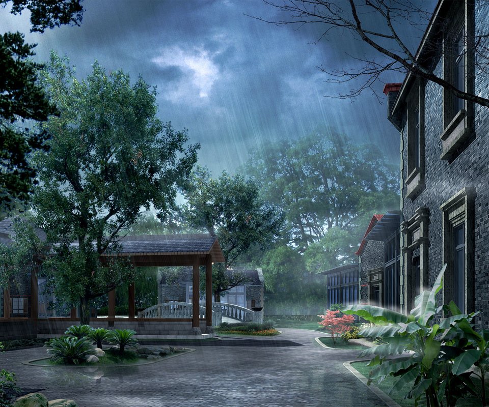 Обои дождь, фотошоп, двор, rain, photoshop, yard разрешение 1920x1200 Загрузить