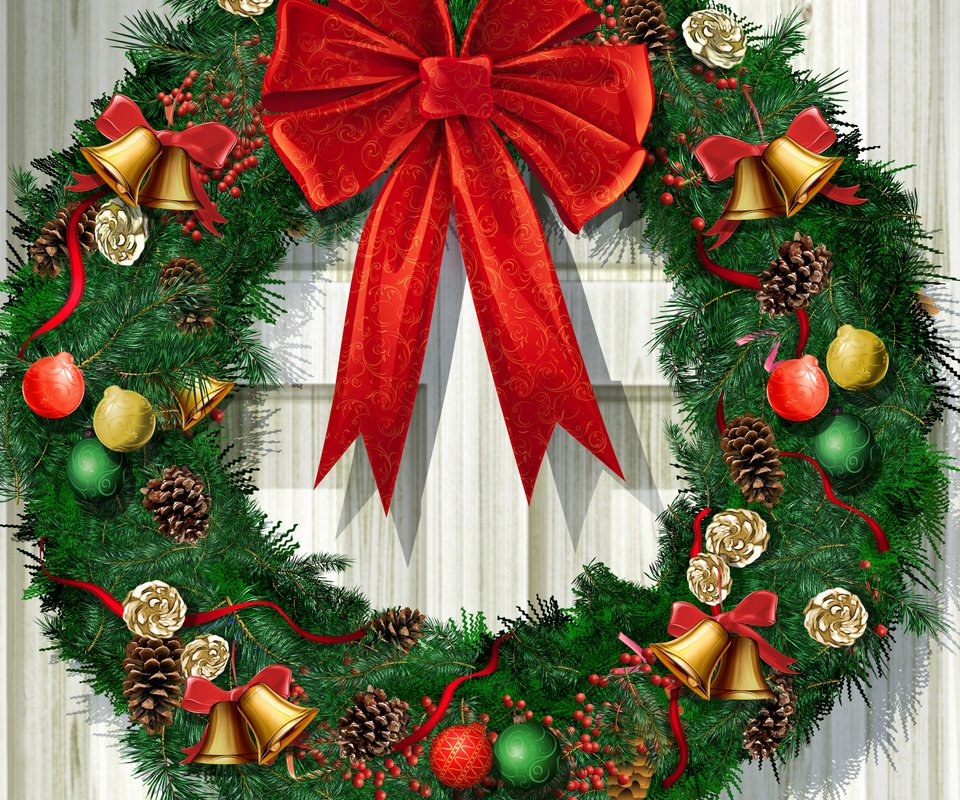 Обои новый год, дверь, бант, еловый венок, new year, the door, bow, fir wreath разрешение 2560x1670 Загрузить