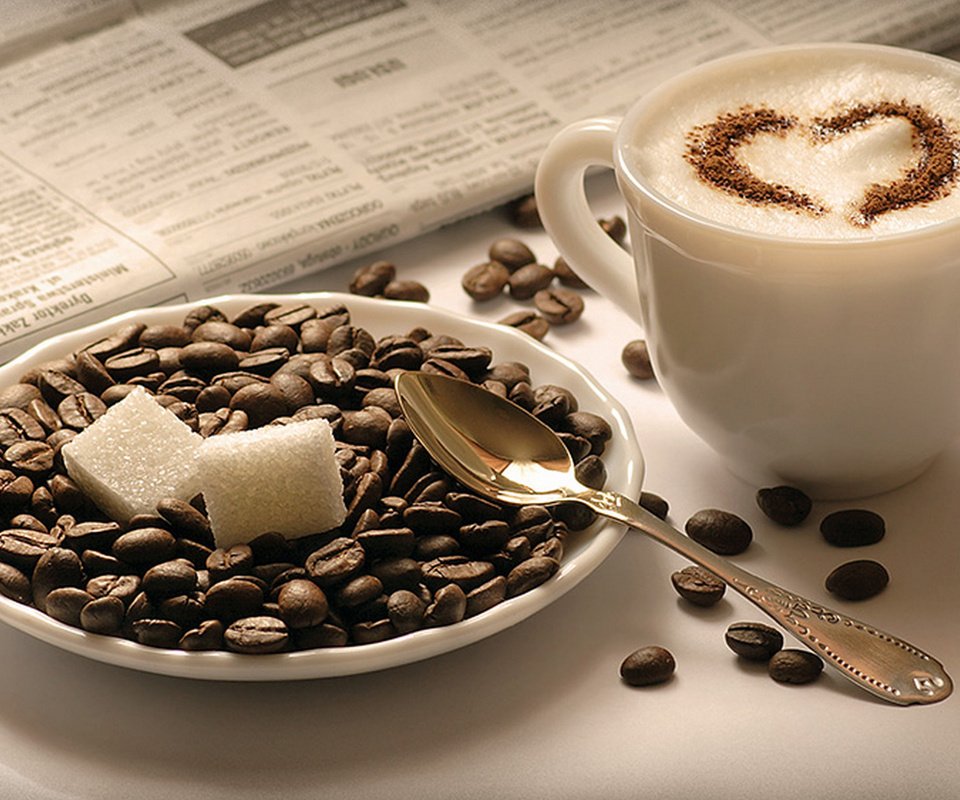 Обои зерна, кофе, блюдце, чашка, сахар, капучино, каппучино, grain, coffee, saucer, cup, sugar, cappuccino разрешение 1920x1200 Загрузить
