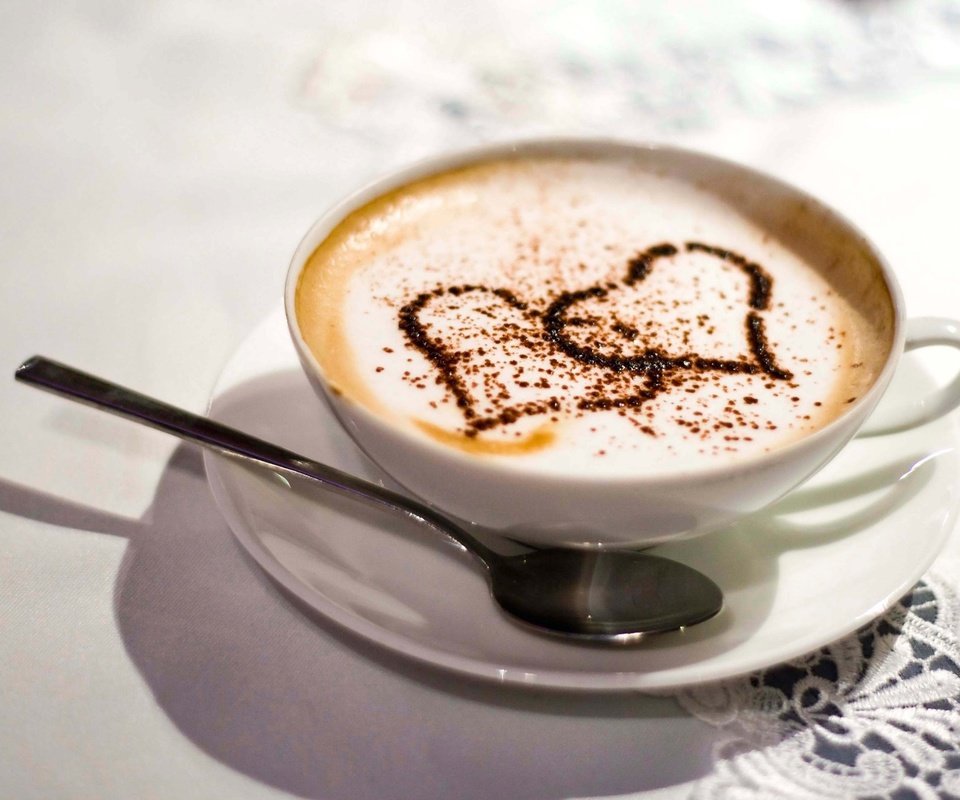 Обои кофе, стол, чашка, сердечки, ложка, скатерть, капучино, coffee, table, cup, hearts, spoon, tablecloth, cappuccino разрешение 1920x1366 Загрузить