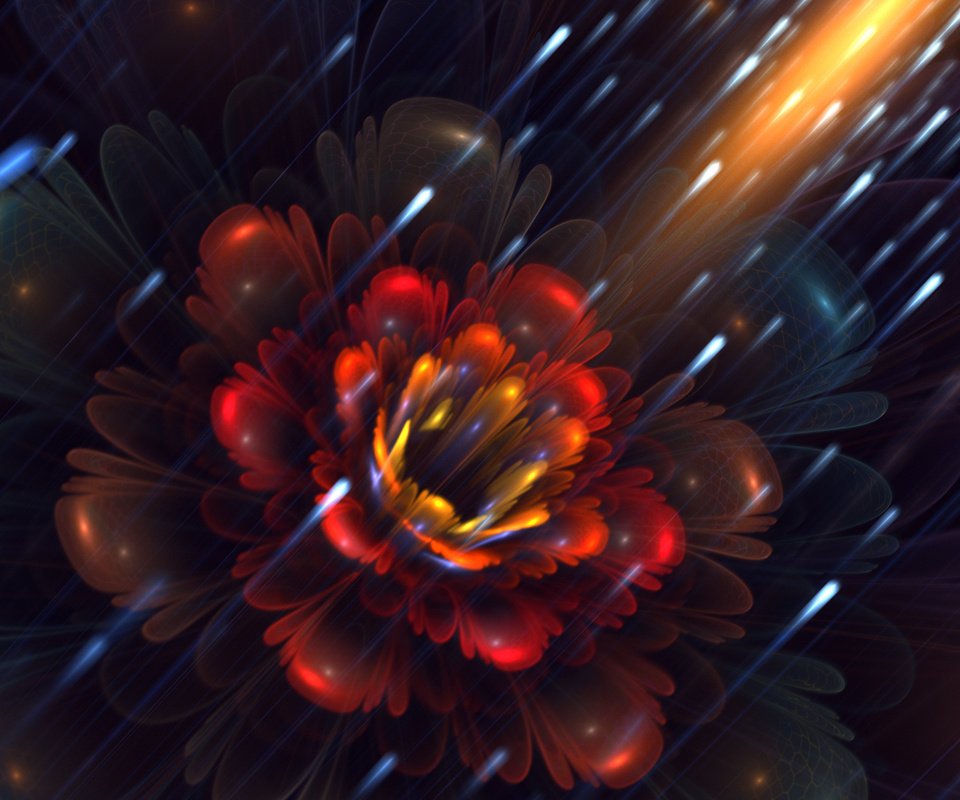 Обои арт, цветок, лепестки, фрактал, светлячки, art, flower, petals, fractal, fireflies разрешение 1920x1200 Загрузить