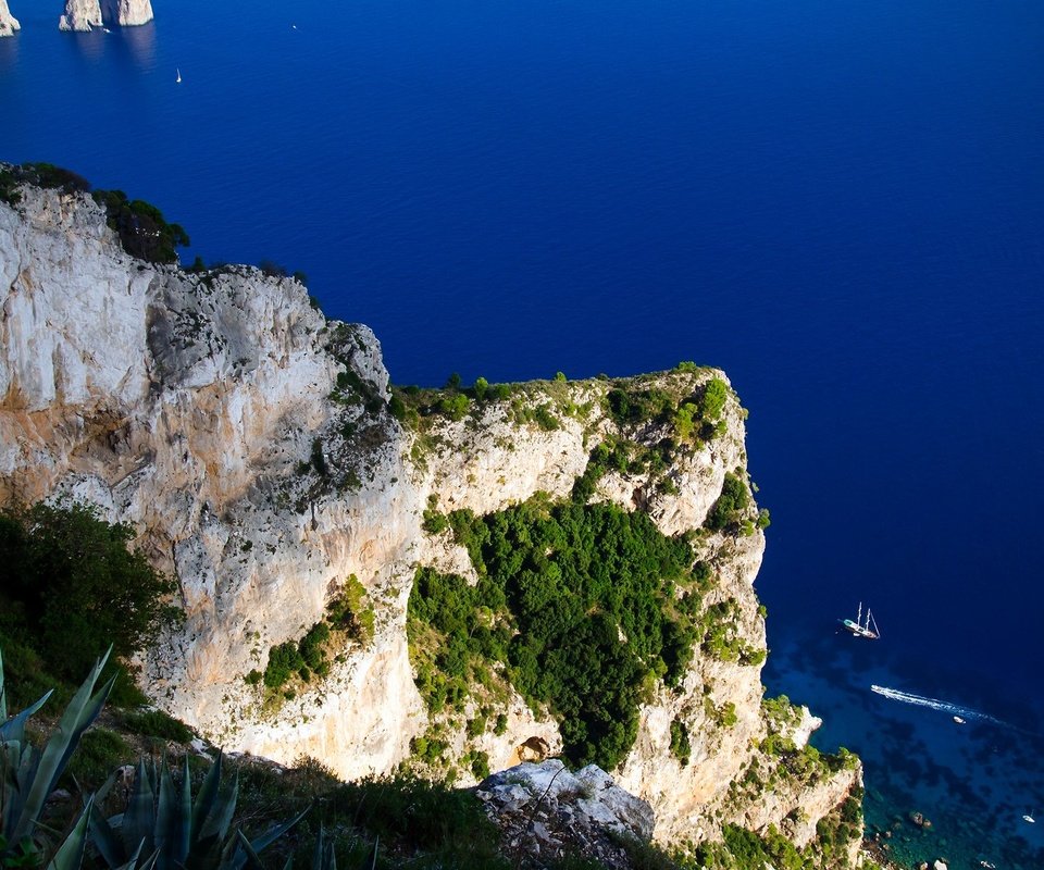 Обои скалы, море, вид сверху, италия, обрыв, остров, мыс, капри, rocks, sea, the view from the top, italy, open, island, cape, capri разрешение 2560x1440 Загрузить