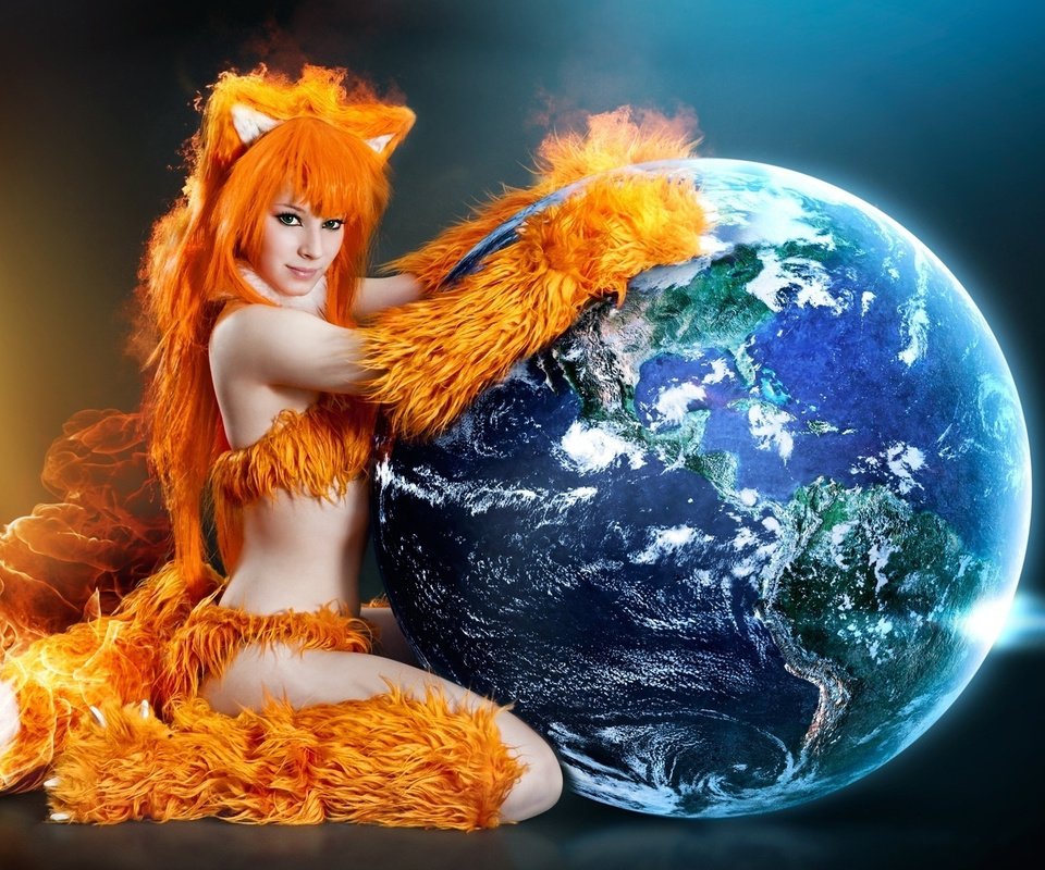 Обои фаерфокс, огненная лисица, девушка в костюме лисицы, обнимает планету, firefox, fire fox, a girl dressed as a fox, hugging the planet разрешение 1920x1080 Загрузить