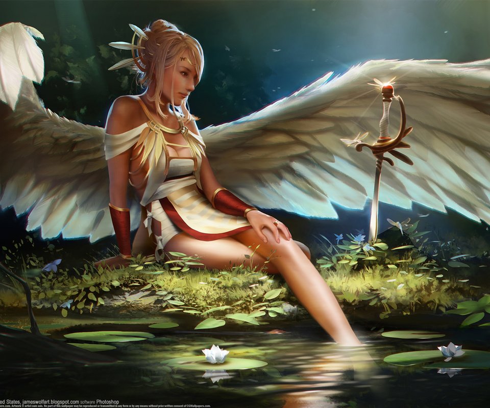 Обои арт, девушка, меч, фэнтези, ангел, art, girl, sword, fantasy, angel разрешение 1920x1200 Загрузить