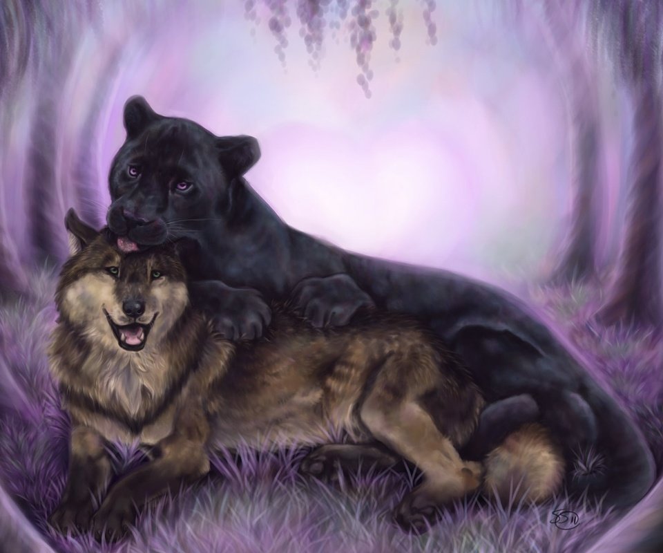 Обои арт, животные, пантера, черная, хищники, дружба, волк, art, animals, panther, black, predators, friendship, wolf разрешение 1998x1299 Загрузить