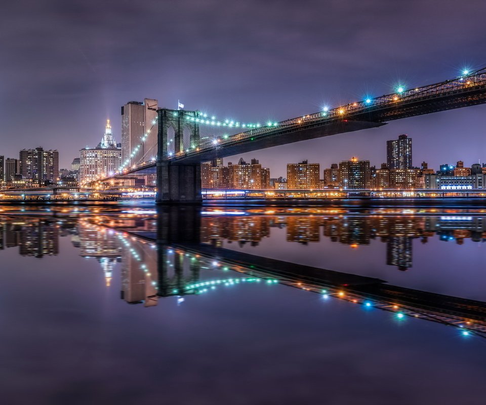 Обои ночь, город, сша, нью-йорк, бруклинский мост, night, the city, usa, new york, brooklyn bridge разрешение 2048x1152 Загрузить