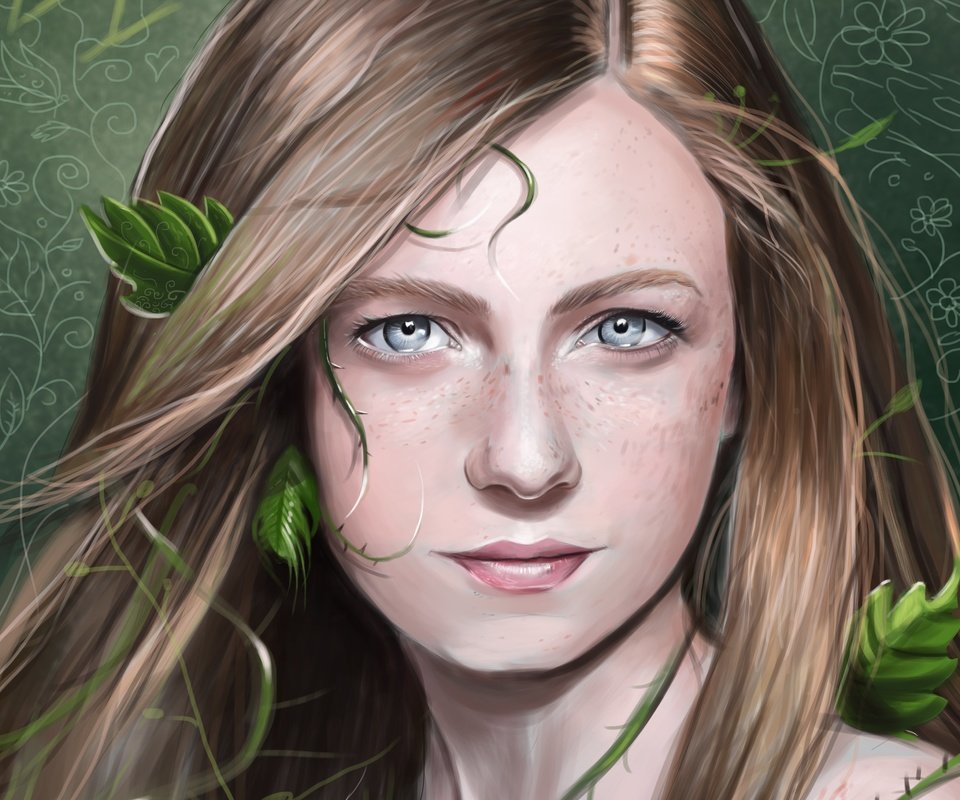 Обои арт, листья, девушка, взгляд, растение, веснушки, art, leaves, girl, look, plant, freckles разрешение 7135x5403 Загрузить