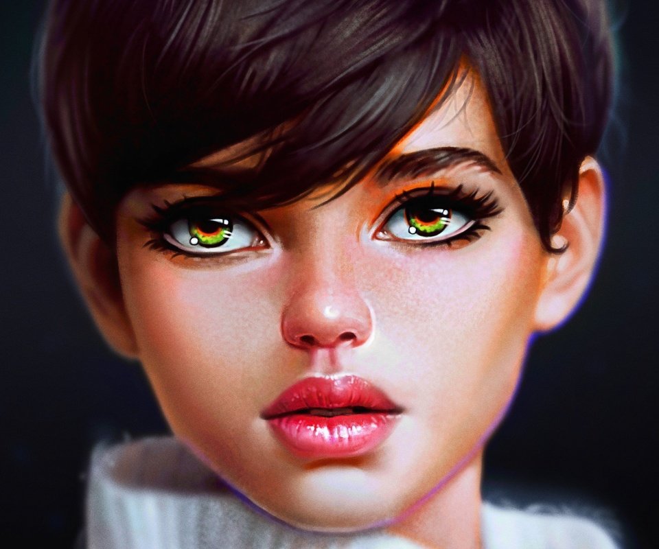 Обои арт, девушка, взгляд, зеленые глаза, стрижка, art, girl, look, green eyes, haircut разрешение 1920x1302 Загрузить