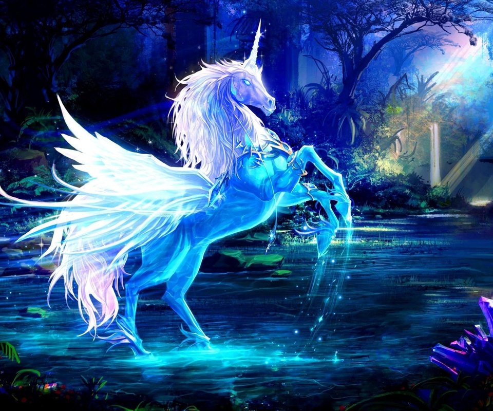 Обои синий, крылья, единорог, рог, водный, blue, wings, unicorn, horn, water разрешение 2560x1440 Загрузить