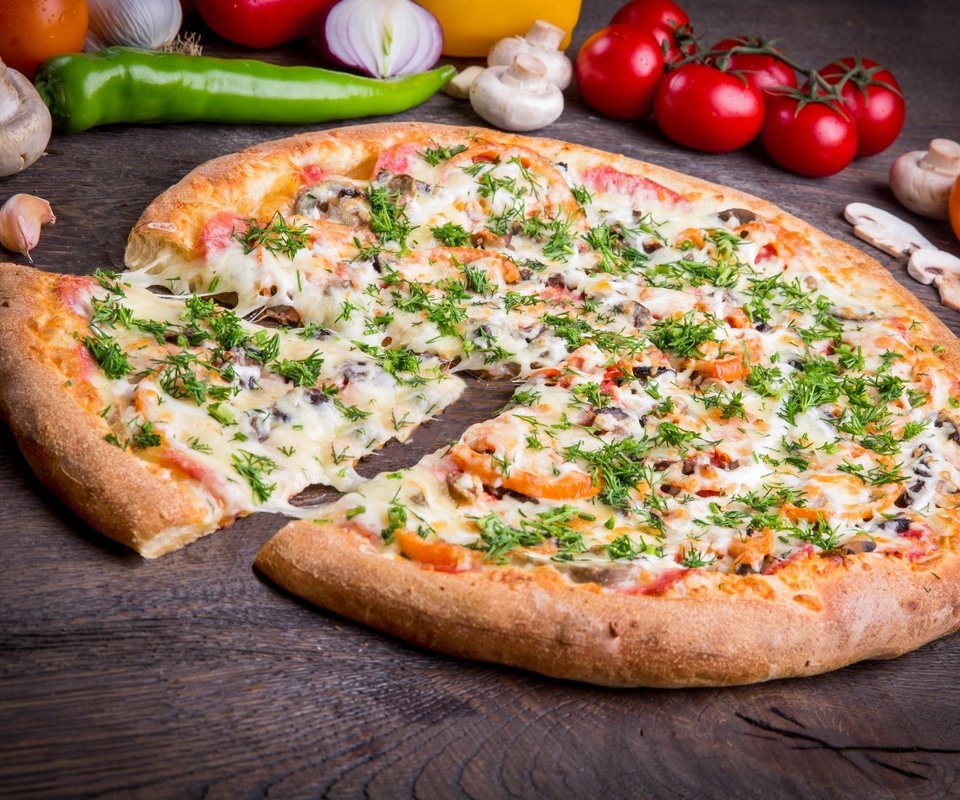 Обои зелень, грибы, сыр, овощи, помидор, перец, пицца, greens, mushrooms, cheese, vegetables, tomato, pepper, pizza разрешение 3000x1993 Загрузить
